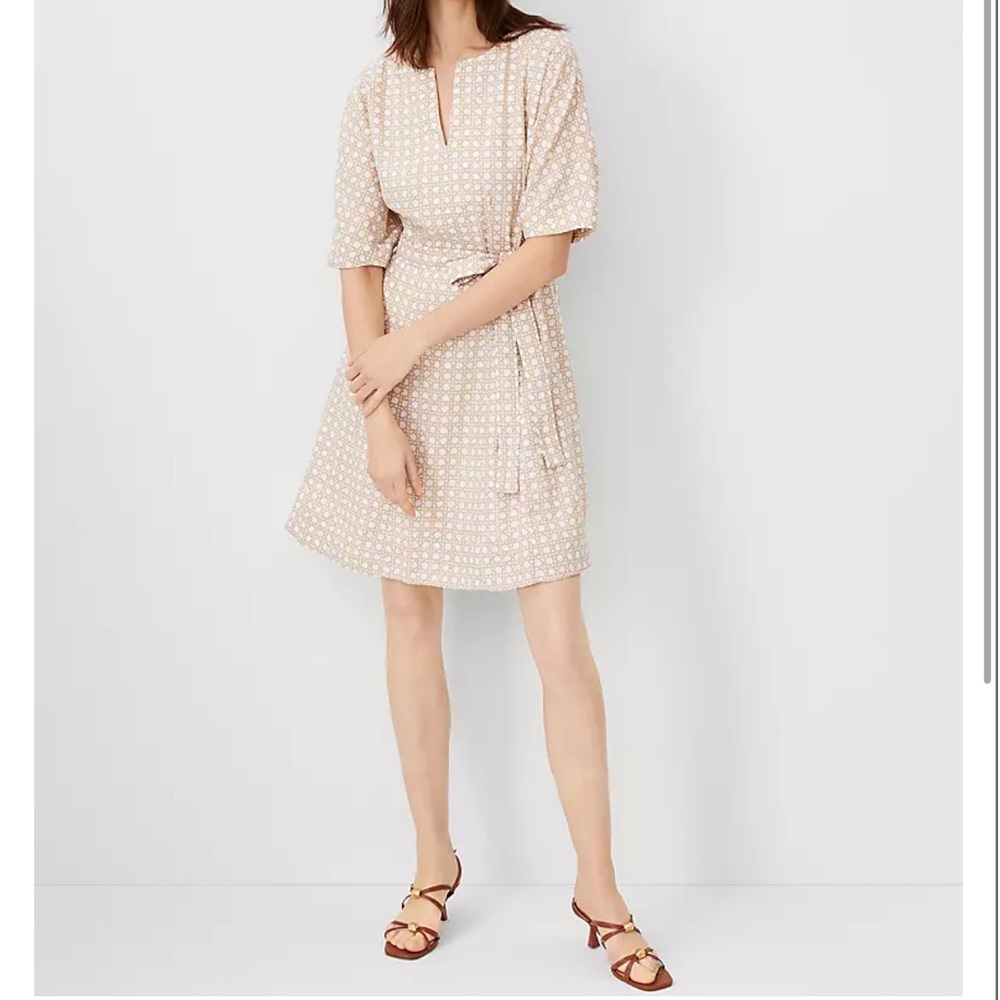 Lattice Linen Blend Split Neck Flare Dress NWOT